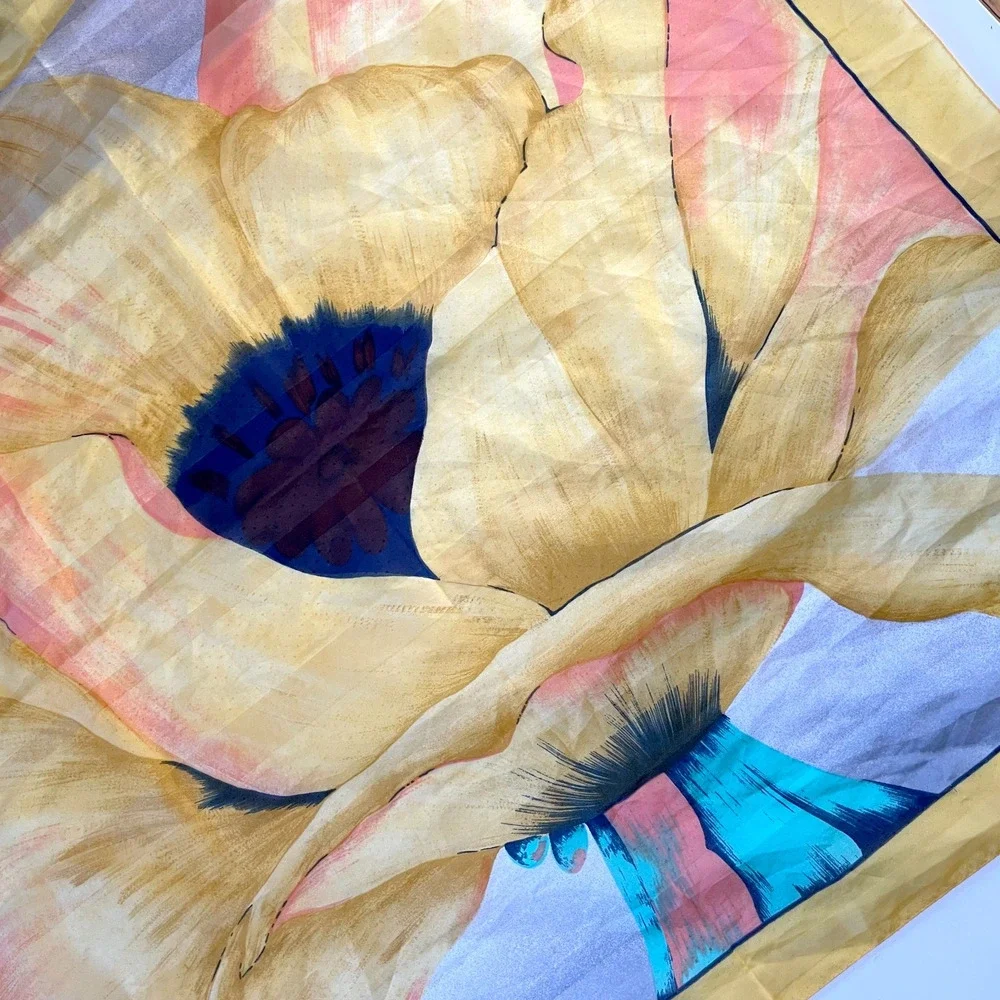 Vintage Oversized Floral Square Scarf Yellow Colorful Modernist Art To Wear